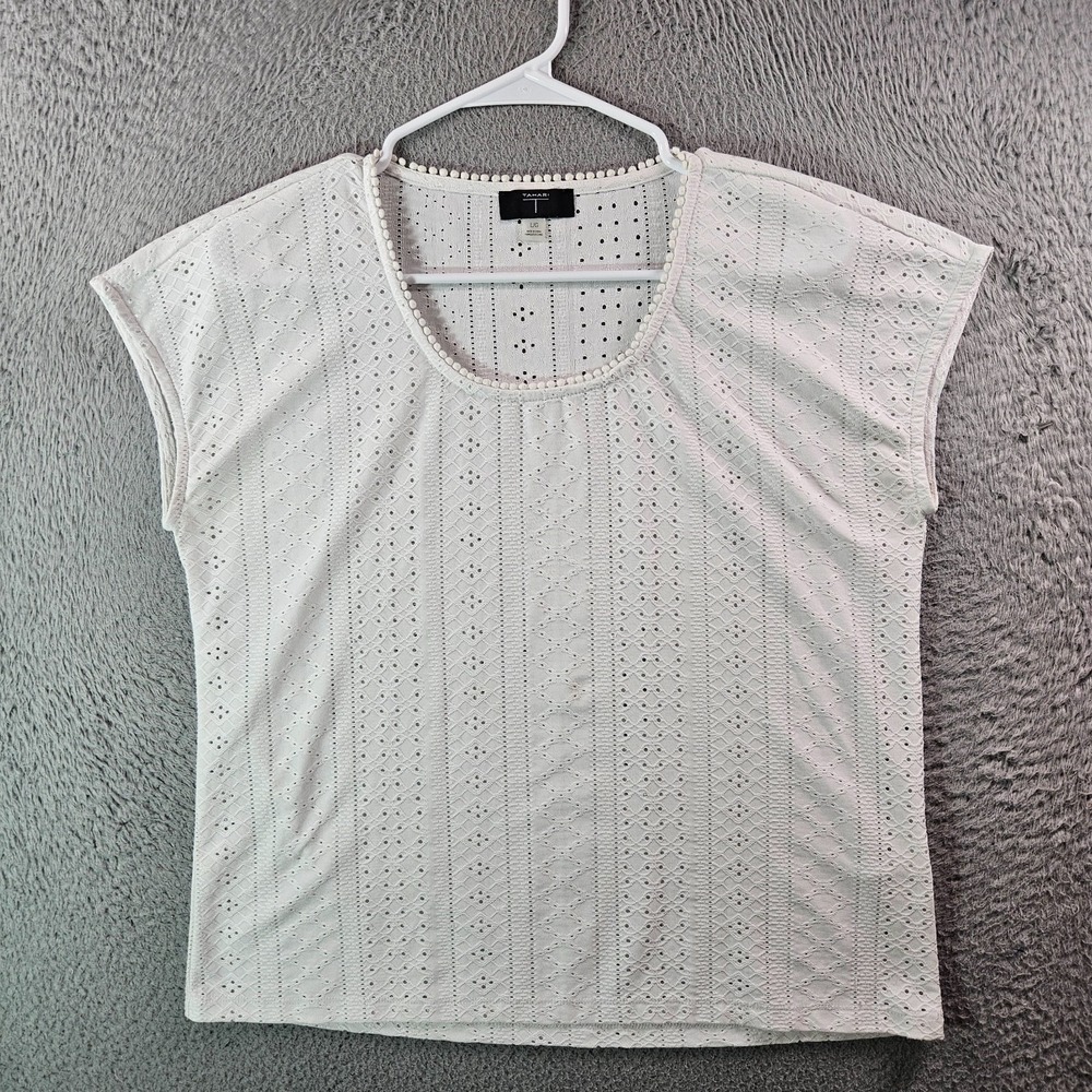 Tahari Tee Top Women Large Embroidered Eyelet White Stretch‎ Simple Basic